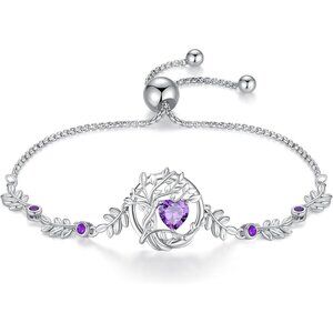 Tree of life Birthstone Sterling Silver Bracelet - Feb-Amethyst